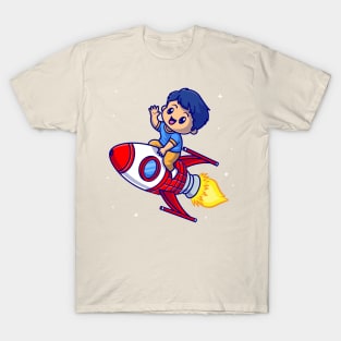 Cute Boy Riding Rocket In Space Cartoon T-Shirt